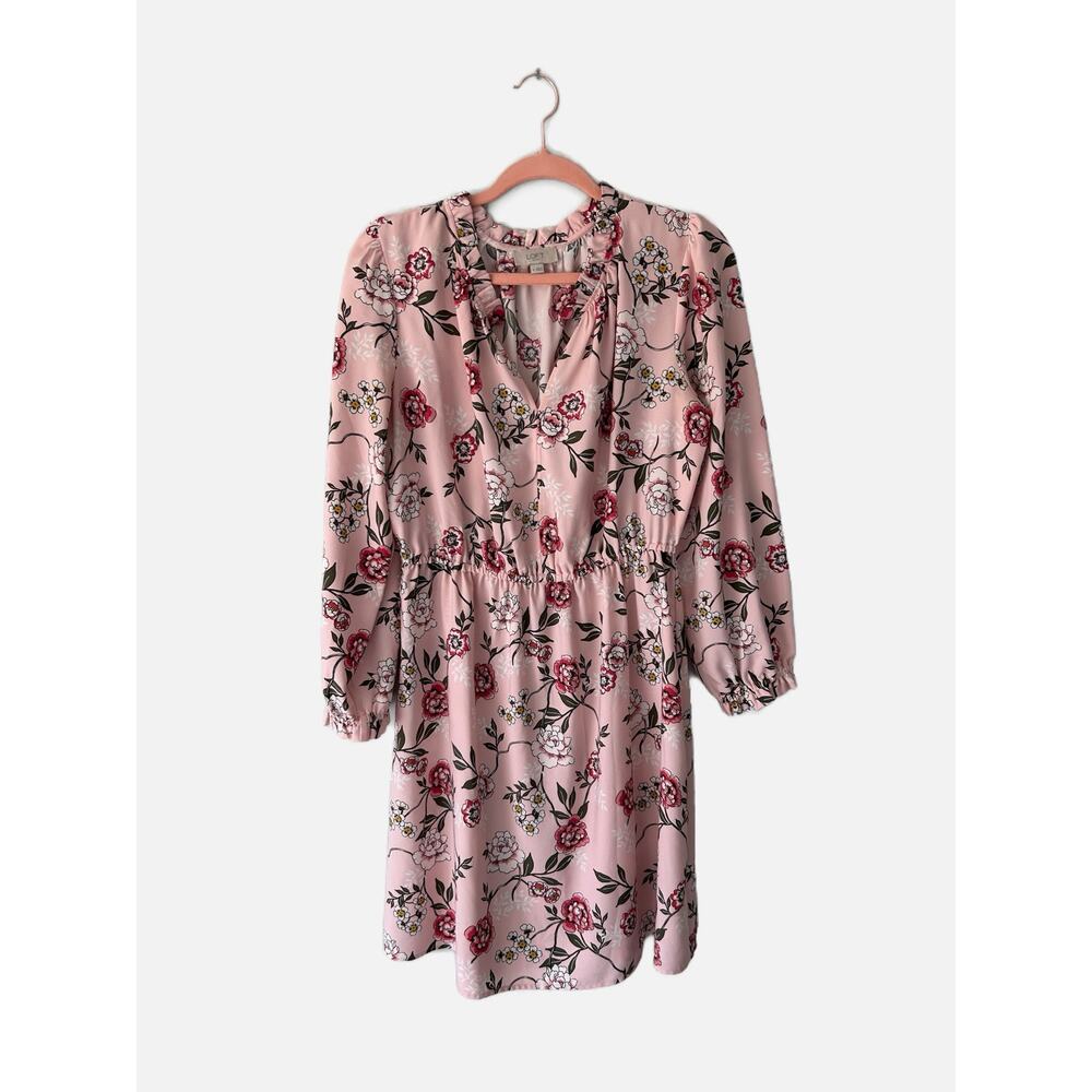 Loft Pink Floral Long Sleeve Dress Medium
